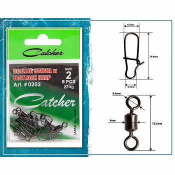 Вертлюг с карабином Catcher ROLLING SWIVEL w FASTLOCK SNAP sz2, 8шт
