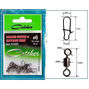 Вертлюг с карабином Catcher ROLLING SWIVEL w FASTLOCK SNAP sz6, 10шт