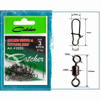 Вертлюг с карабином Catcher ROLLING SWIVEL w FASTLOCK SNAP sz3, 9шт